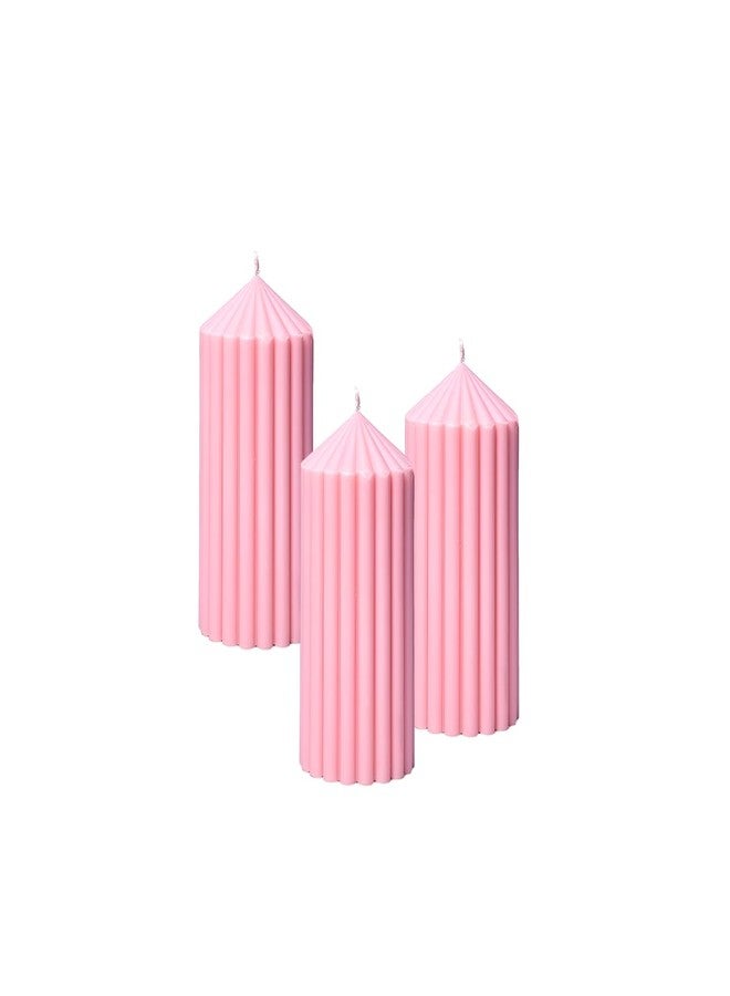 Luces Soy Wax Set of 3 Scented Pink Point Ribbed Pillar Candles for Home Decor Diwali Wedding Pirty Valentine Gift Church x-Mass Dinner Table Spa - Image 1